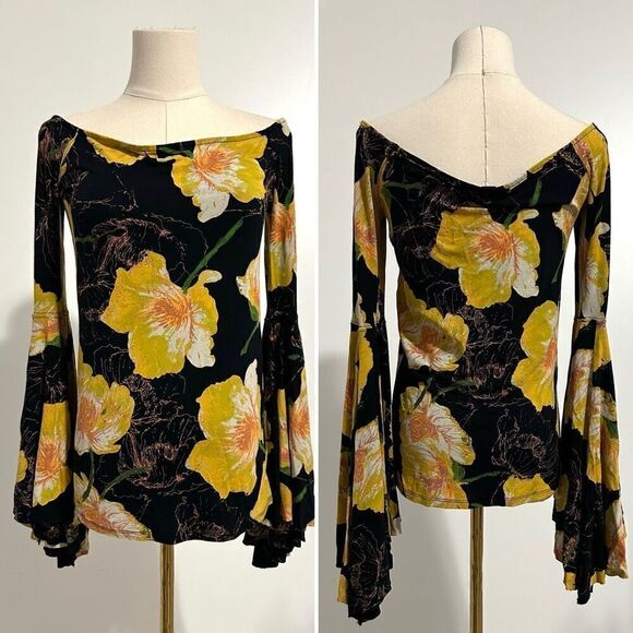 Free People Floral Birds of Paradise Off-shoulder Top M Bell Slv Boho Festival - Picture 3 of 13